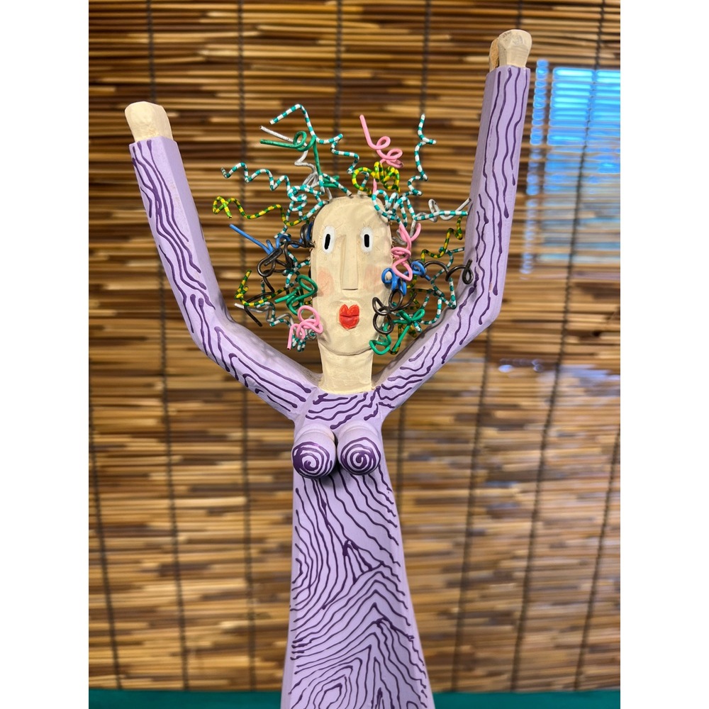 Whimsical Hand Carved Painted Wood Folk Art Woman Sculpture Wire Hair Figurine